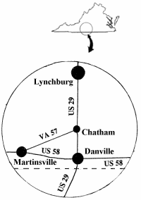 Major highways approaching Chatham, Virginia