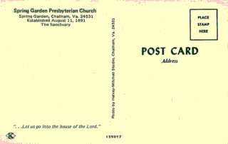 Spring Garden Presbyterian Church postcard, back